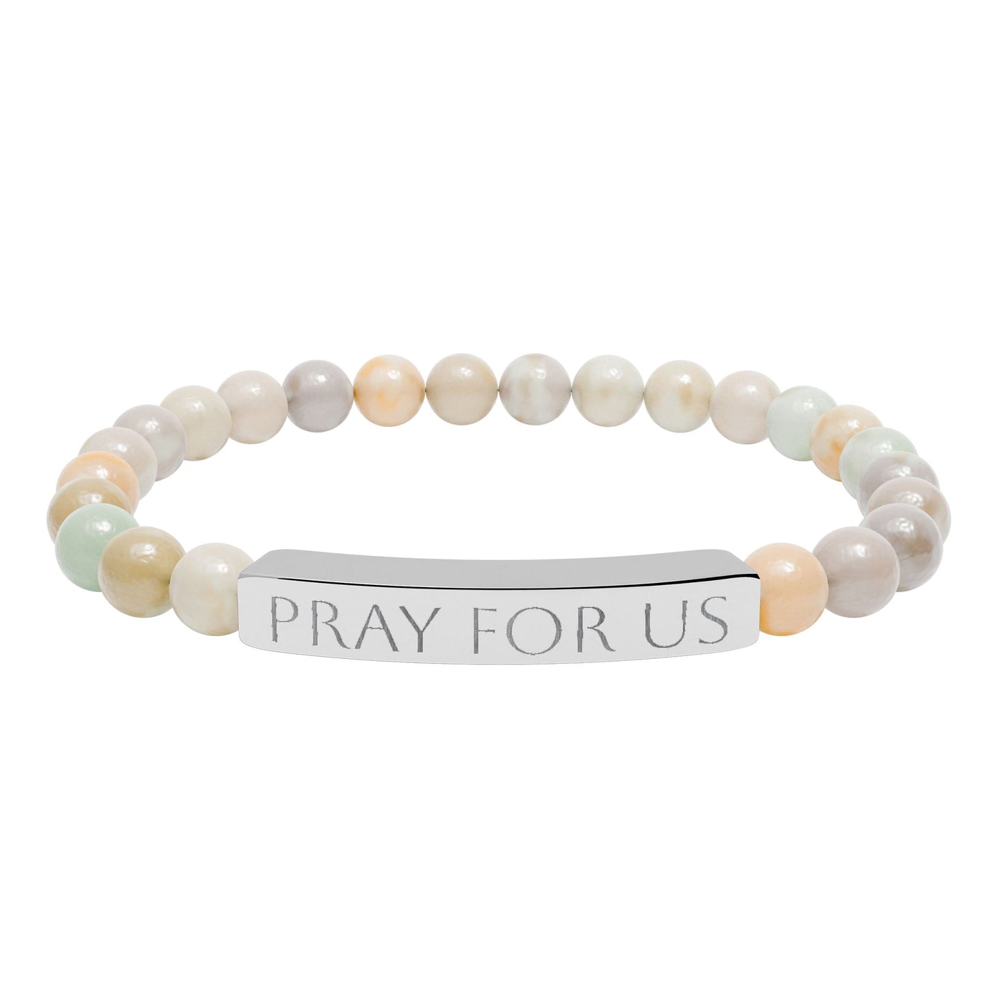 "Pray For Us" Saint Stretch Bracelet - Engraved Natural Stone Bar Bracelet