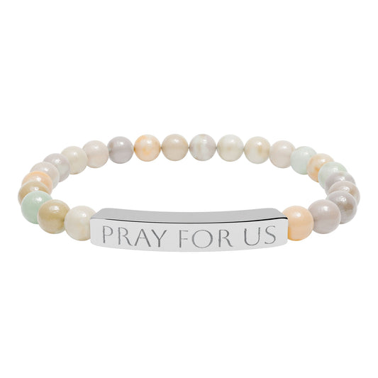 "Pray For Us" Saint Stretch Bracelet - Engraved Natural Stone Bar Bracelet