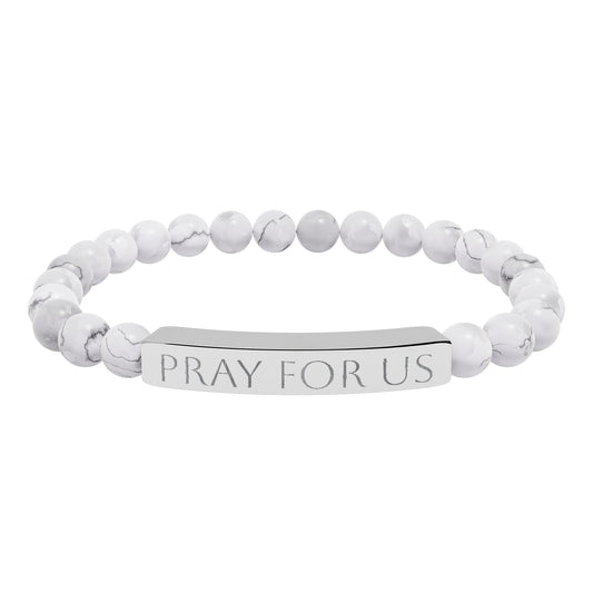 "Pray For Us" Saint Stretch Bracelet - Engraved Natural Stone Bar Bracelet
