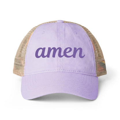 AMEN Hat - All You Holy, Pray For Us - embroidered women's washed mesh-back cap