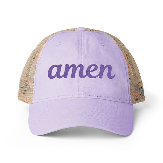 AMEN Hat - All You Holy, Pray For Us - embroidered women's washed mesh-back cap